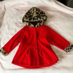 Chic Red Kids Jacket with Leopard Trim